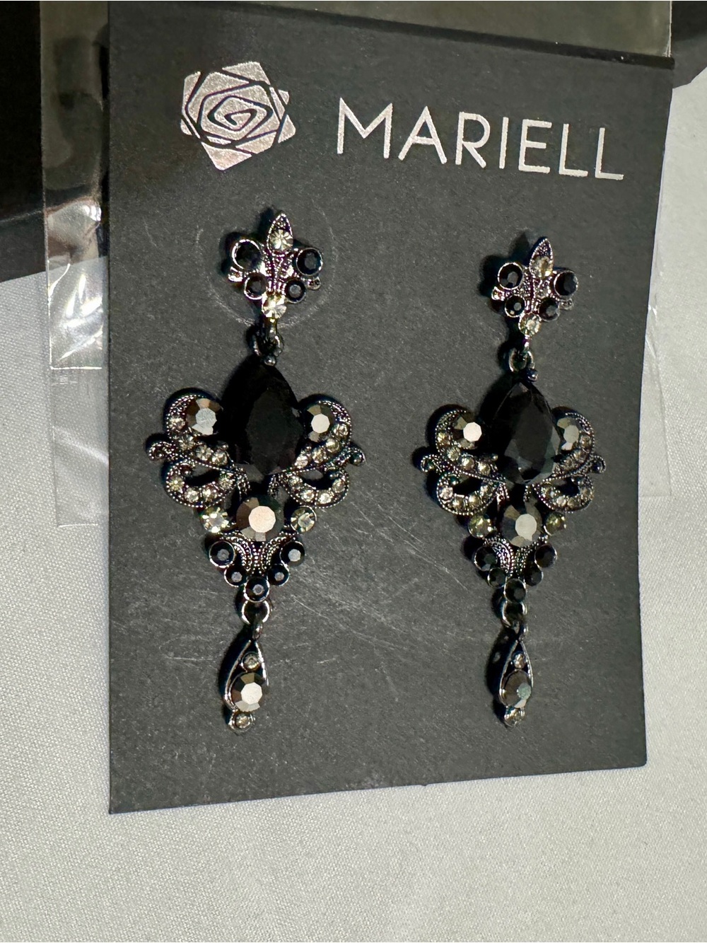 Mariell Black Crystal Filigree Dangle Earrings